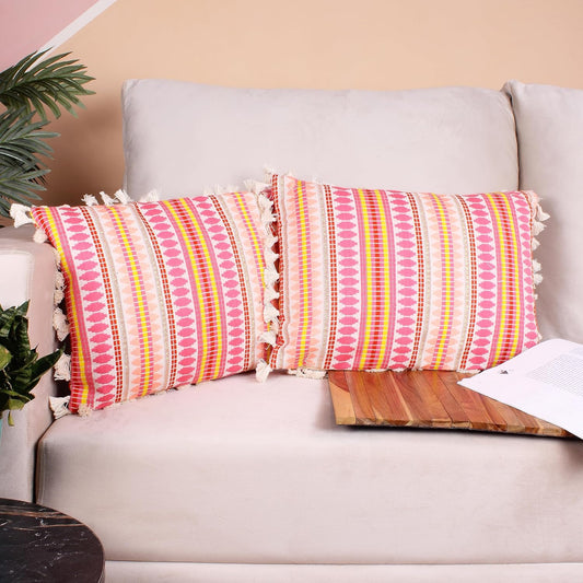 Geometric Pink Woven Cushion Covers with Tassels - 12x18 Inch Set of 2 | Decorative Throw Pillowcases for Sofa, Bed, Home Décor