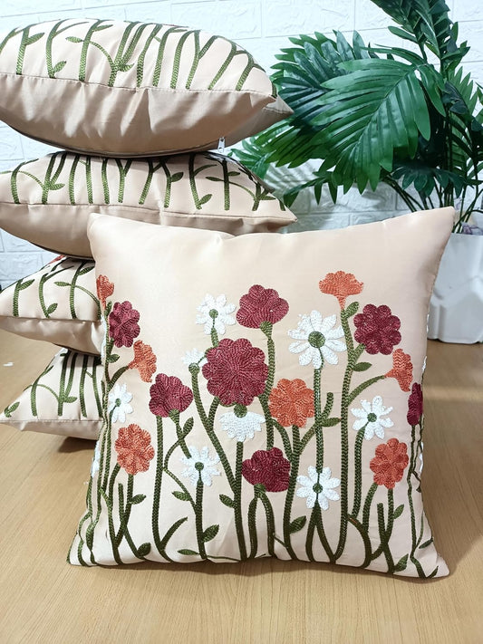 Set of 5- Decorative Accent Shams – Satin Finish, Floral Stitchwork – 16x16 In