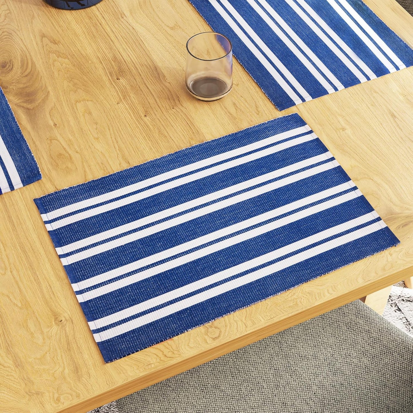Franca Blue Stripes Ribbed Cotton Dining Table Mats Set of 6, 48x32 cm | Heat-Resistant Washable Placemats