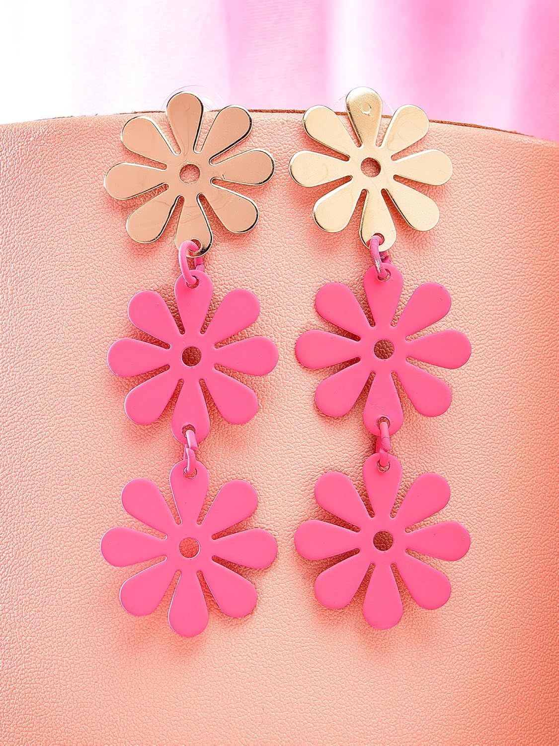 Floral Design Drop Earrings – Women's Fashion Jewellery – Pink & Gold Finish – Sold by Pair
