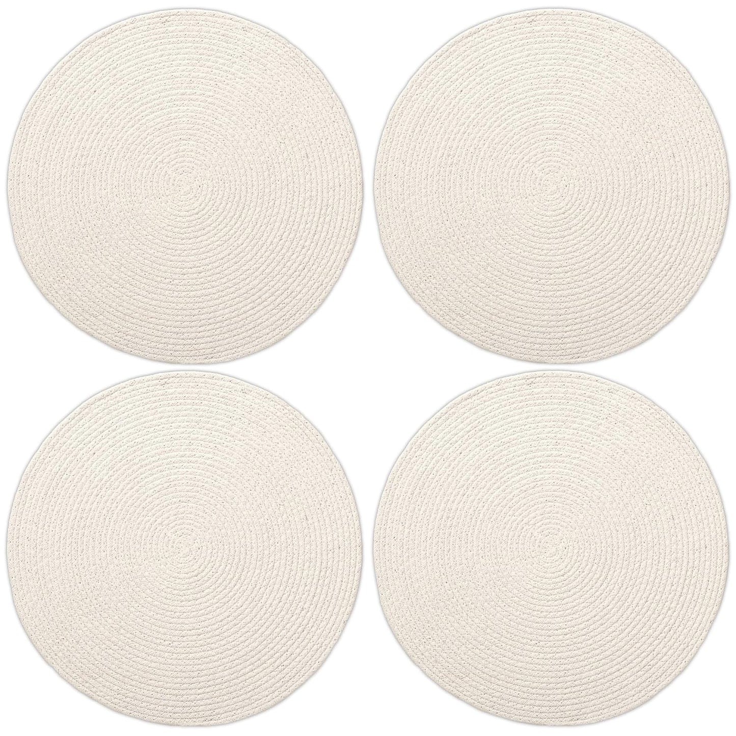 Off White Ribbed Heat-Resistant Washable Cotton Table Mats Set of 4, 32cm Round | Dining Placemats, Non-Slip Tablemate