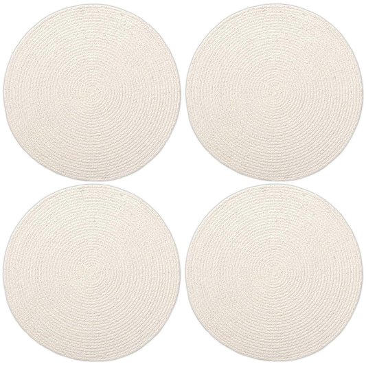 Off White Ribbed Heat-Resistant Washable Cotton Table Mats Set of 4, 32cm Round | Dining Placemats, Non-Slip Tablemate