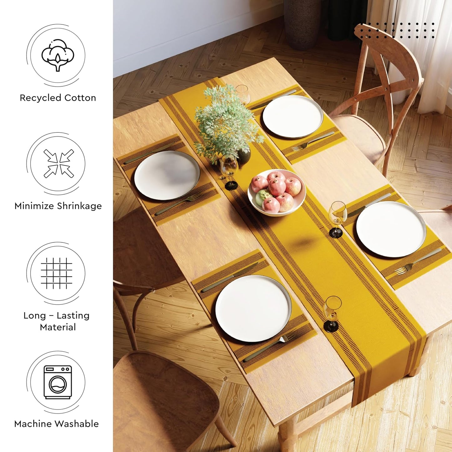 Modern Ladder Yellow Yarn Dyed Fine Ribbed Cotton Dining Table Runner 32x183 cm (4-6 Seater) | Kitchen Decor, Washable Table Linens
