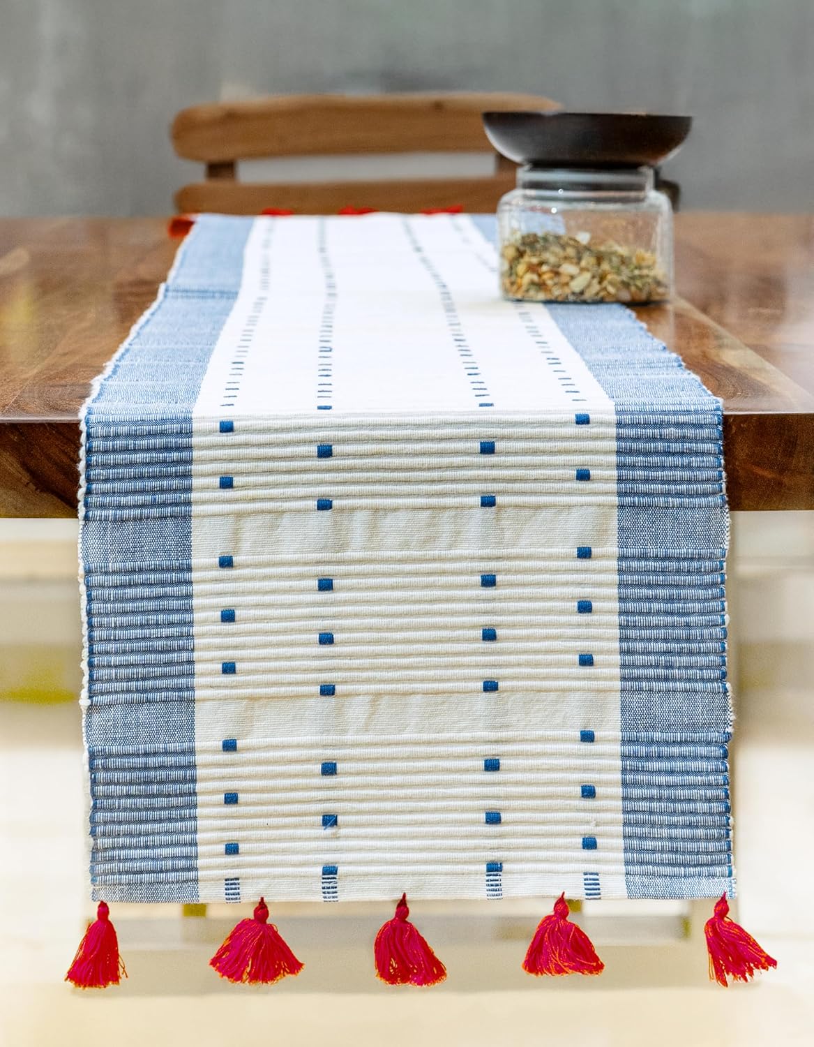 Boho Ribbed Cotton Table Runner, Thick Weave with Bright Tassels, 76x15 inch 6 Seater | Dining Decor, Kitchen Linen