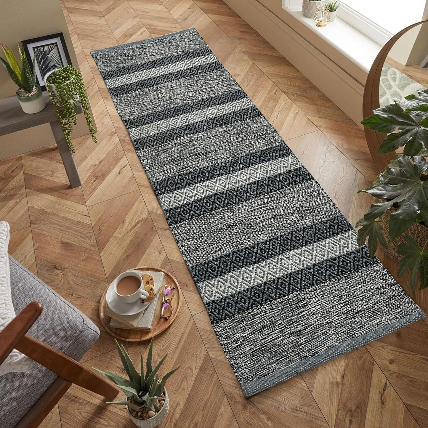 Hand Woven Modern Cotton Designer Rug, Carpet, Bedside Runner 2x5 ft (60x152 cm) | Washable Floor Mat for Bedroom, Living Room