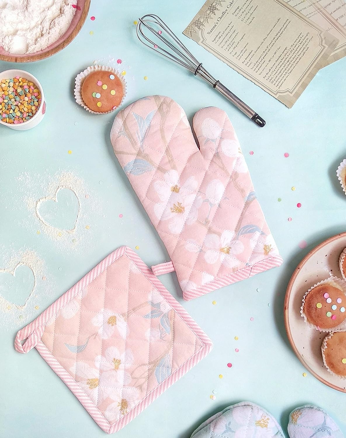 Ensemble de maniques et gants de cuisine à motif fleurs de cerisier – Linge de cuisine – 100 % coton – Lot de 2 pièces de tailles assorties