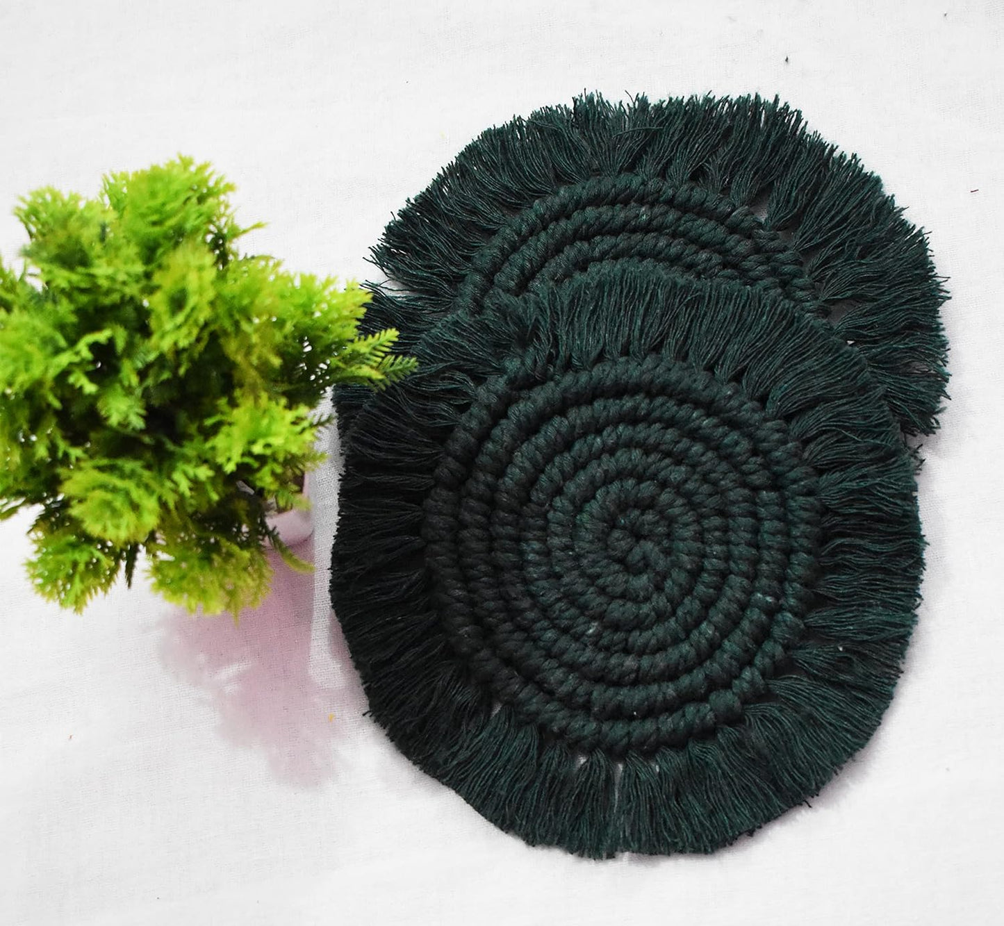 Dark Green Macrame Handwoven Cotton Coaster Set – 6" Diameter, 2-Pack