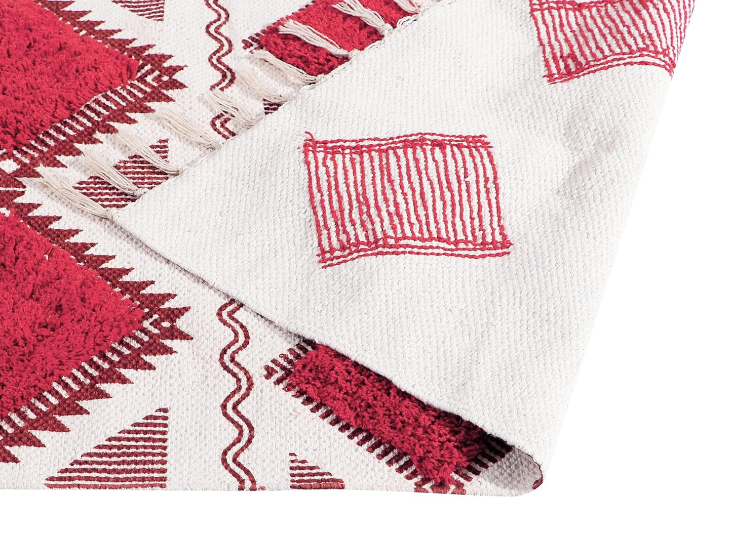 Modern Hand Woven Tufted Cotton Rug Runner 2x5 ft (Red & White) | Designer Area Carpet for Bedroom, Living Room