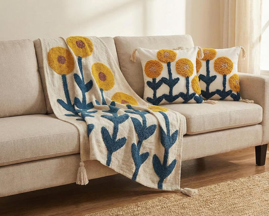 Hand-Tufted Decor Set – Sofa Throw & Cushion Covers – Premium Cotton – 50x60" & 2x 16x16"