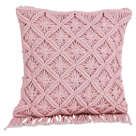Macrame Cushion Cover – Decorative Throw Pillow – Cotton & Rope – 16x16 In