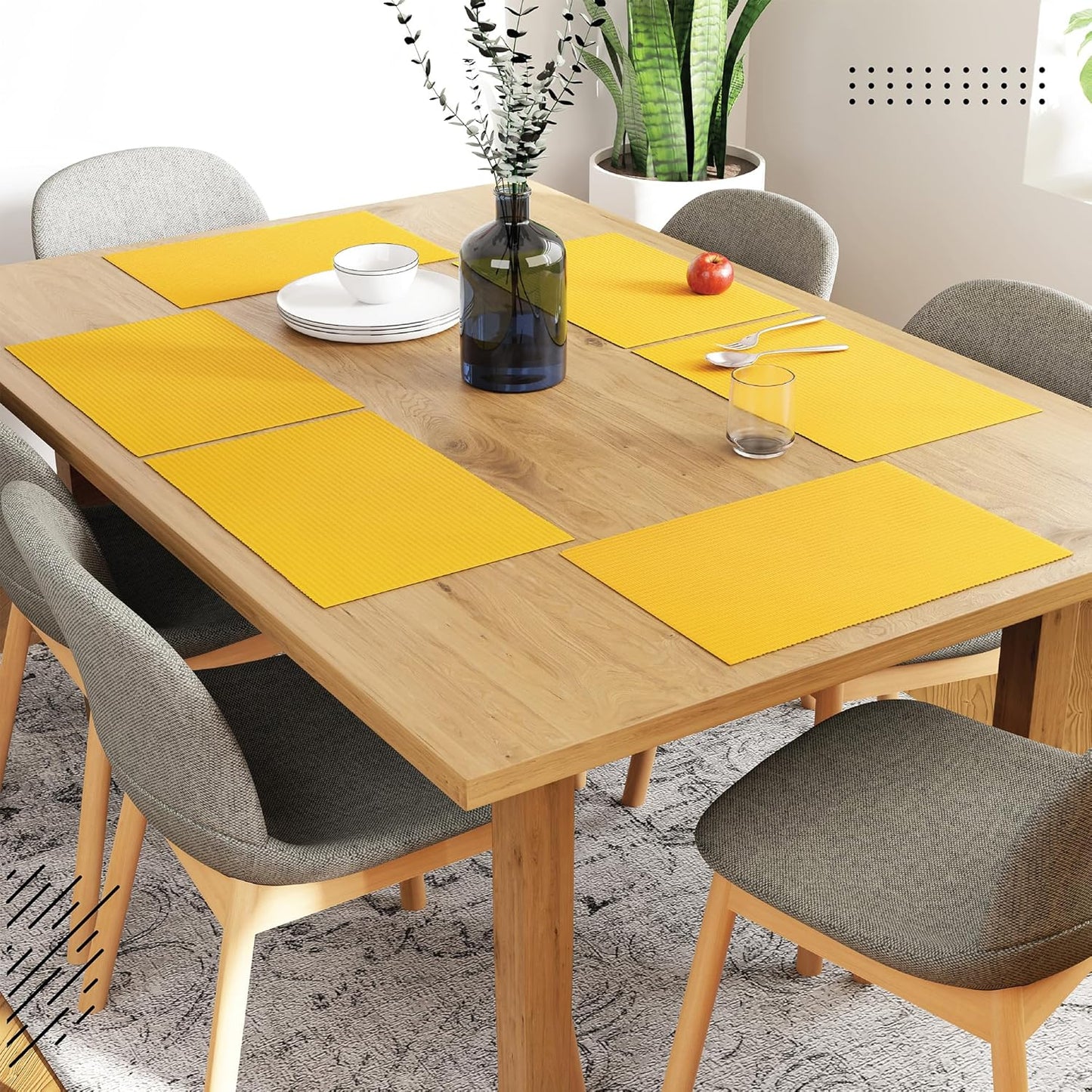 Handmade Yellow Ribbed Cotton Dining Table Mats Set of 6, 48x32 cm | Heat-Resistant, Washable Placemats for Kitchen & Dining