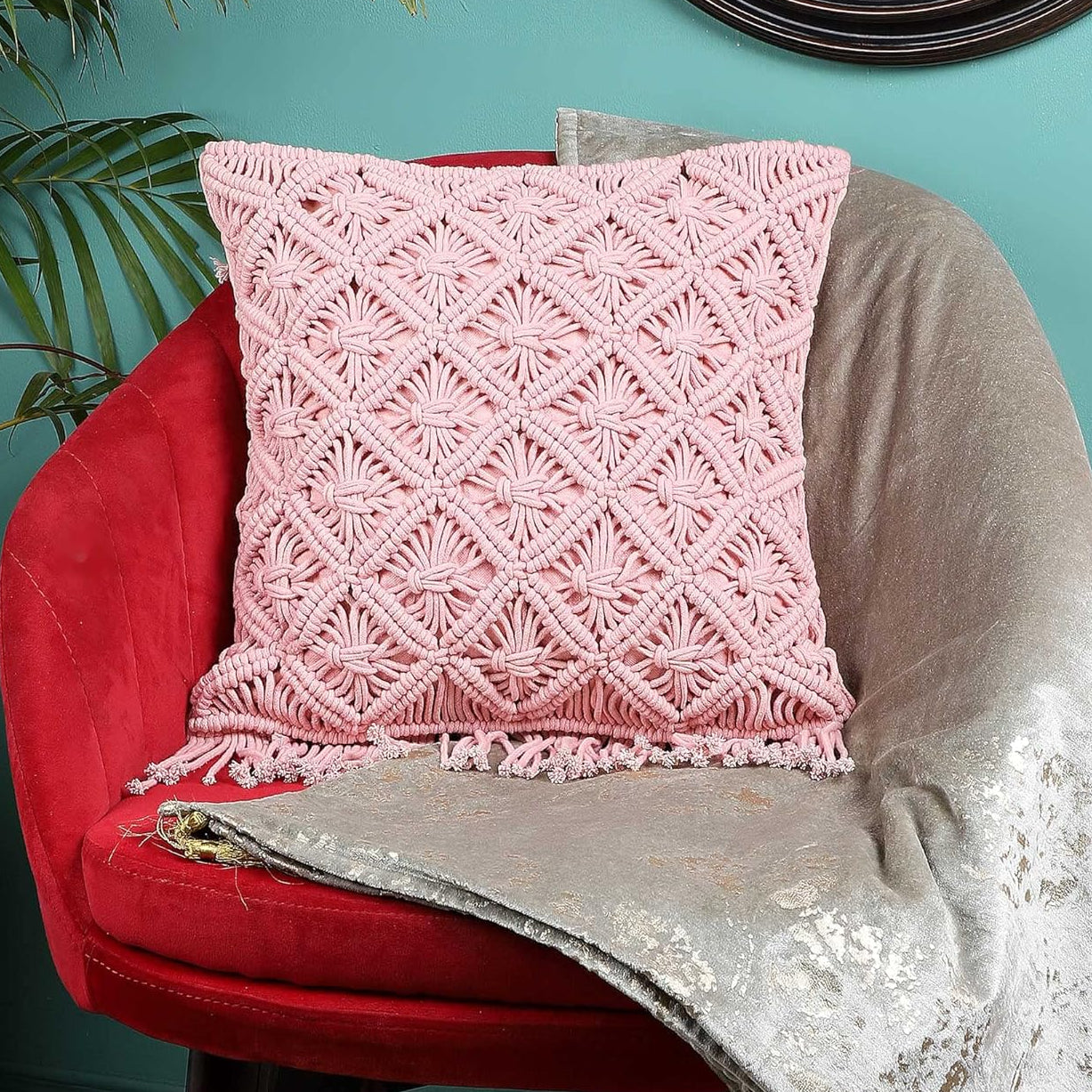 Macrame Cushion Cover – Decorative Throw Pillow – Cotton & Rope – 16x16 In