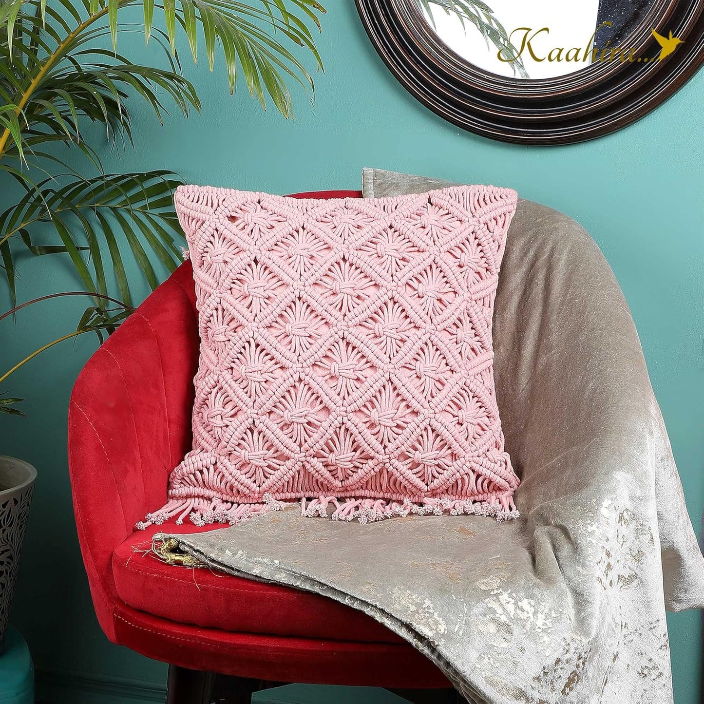 Cushion Cover – Handmade Macrame Style – Cotton Rope & Canvas – 16x16 Inch, Single