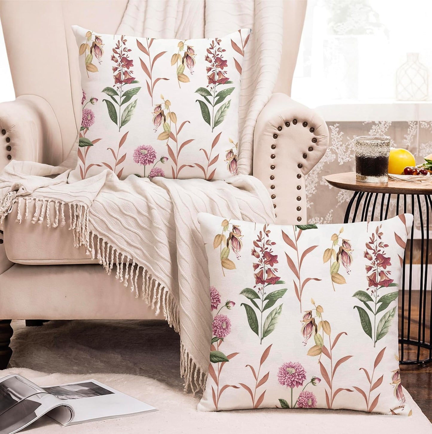 Floral Jacquard Weave Cushion Covers 16x16" - Set of 2, Cotton Feel 250 GSM Soft Decorative Pillow Covers for Sofa/Bed/Home Decor