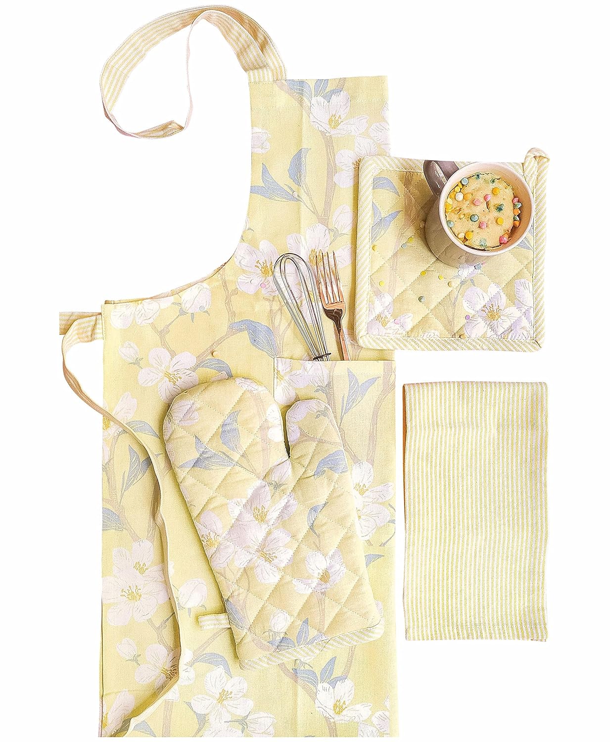 Ensemble tablier imprimé, manique, gant de cuisine et torchon – 100 % coton – Motif fleurs de cerisier – 4 pièces