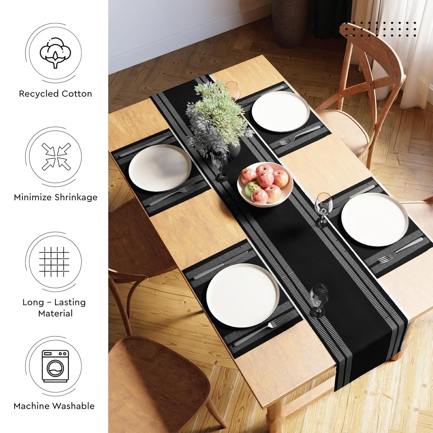 Modern Ladder Black Fine Ribbed Cotton Dining Table Runner 32x183 cm for 4-6 Seater | Machine Washable Kitchen Decor