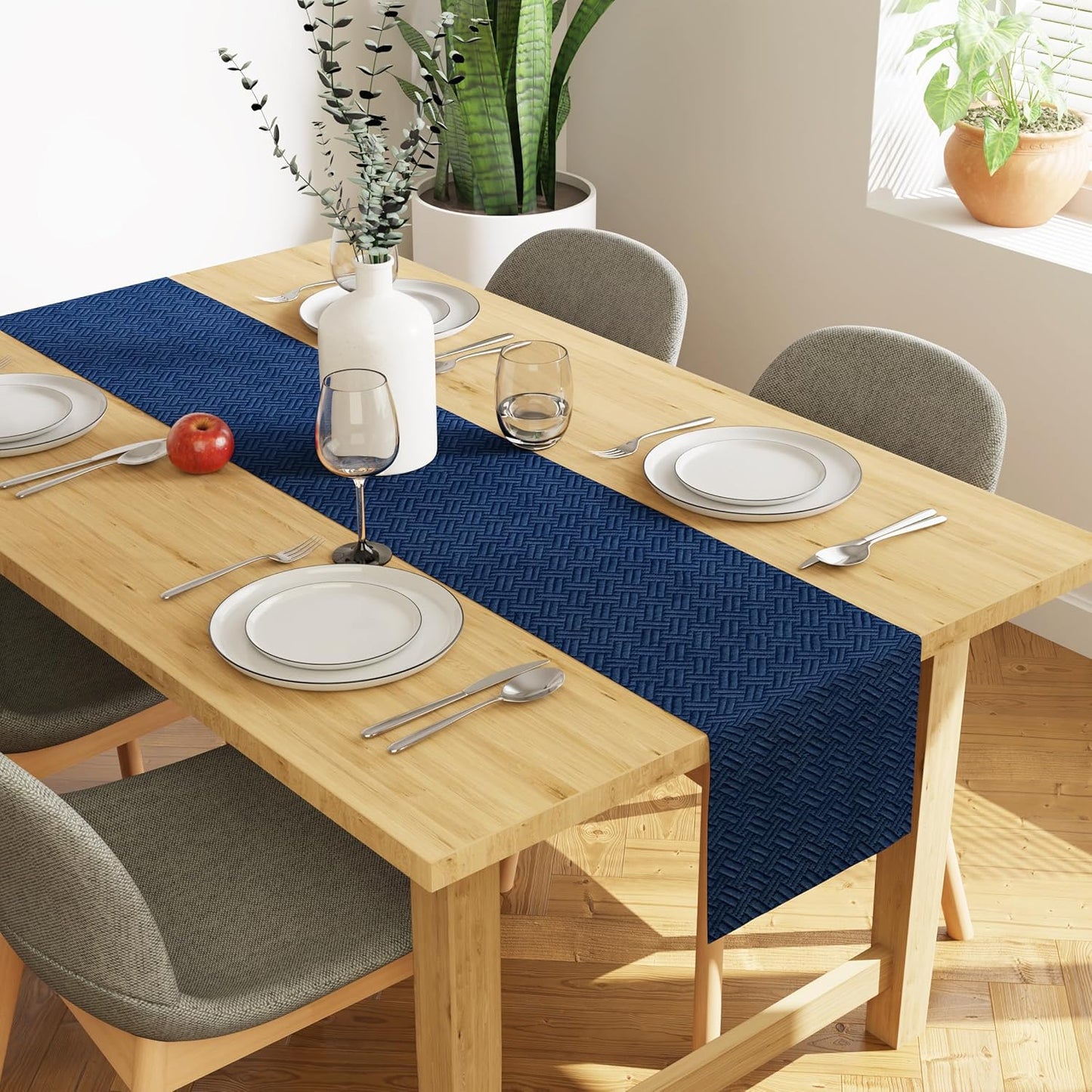 Navy Blue Quilted Velvet Machine Washable Dining Table Runner 32x150 cm for 4-6 Seater | Elegant Home Decor, Kitchen
