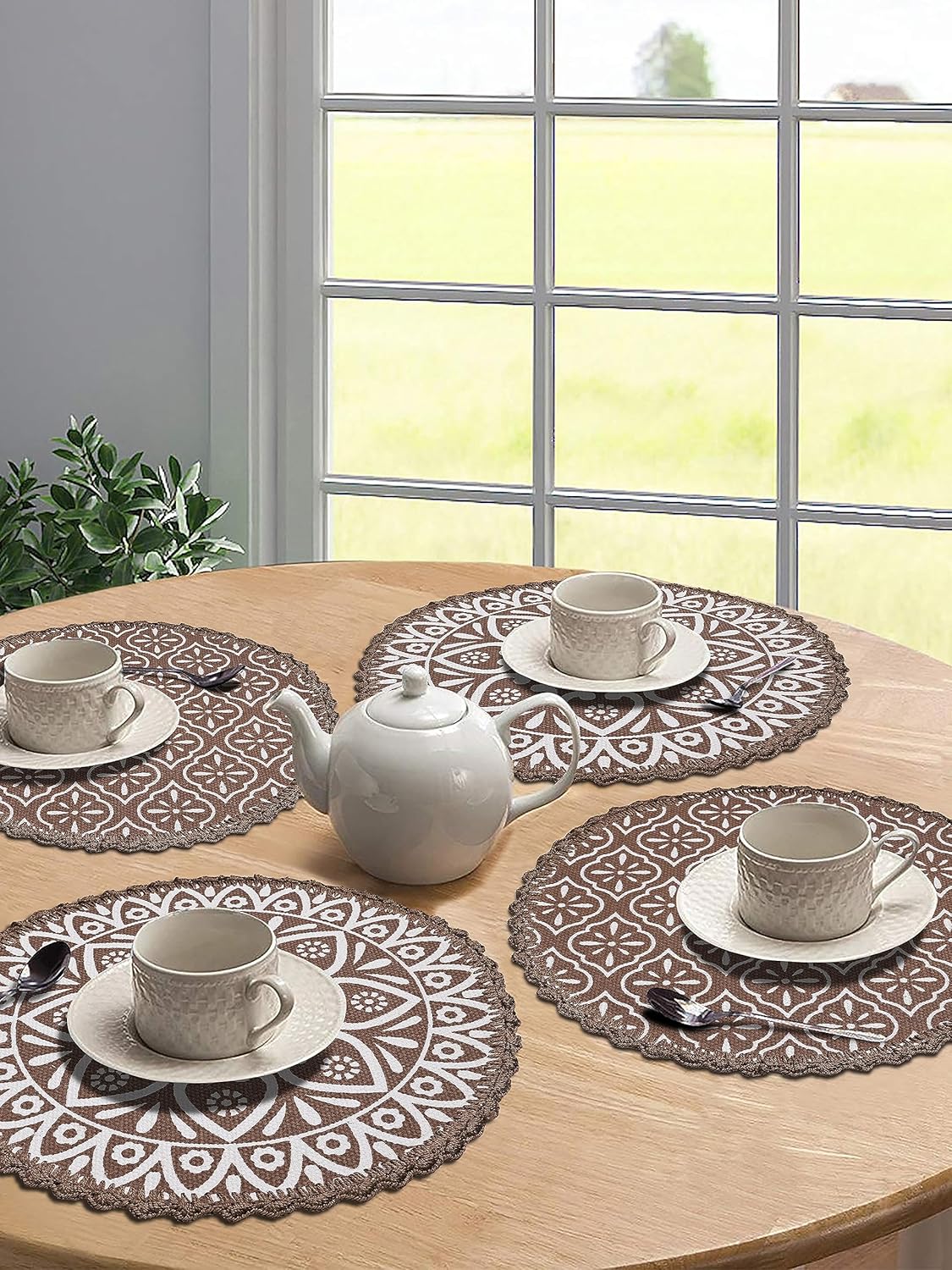 Jute & Cotton Crochet Antiskid Printed Round Table Mats, Set of 4 (38x38cm) | Heat Resistant Placemats for Dining & Home Decor