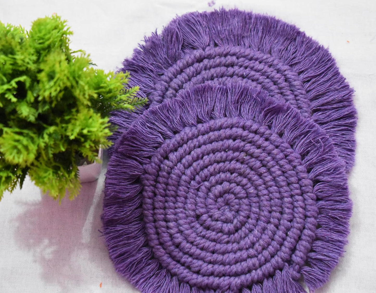 Purple Macrame Handwoven Cotton Coaster Set – 6" Diameter, 2-Pack