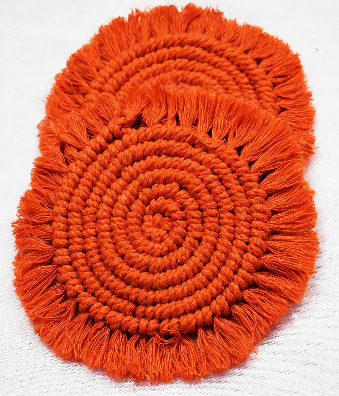Orange Macrame Handwoven Cotton Coaster Set – 6" Diameter, 2-Pack