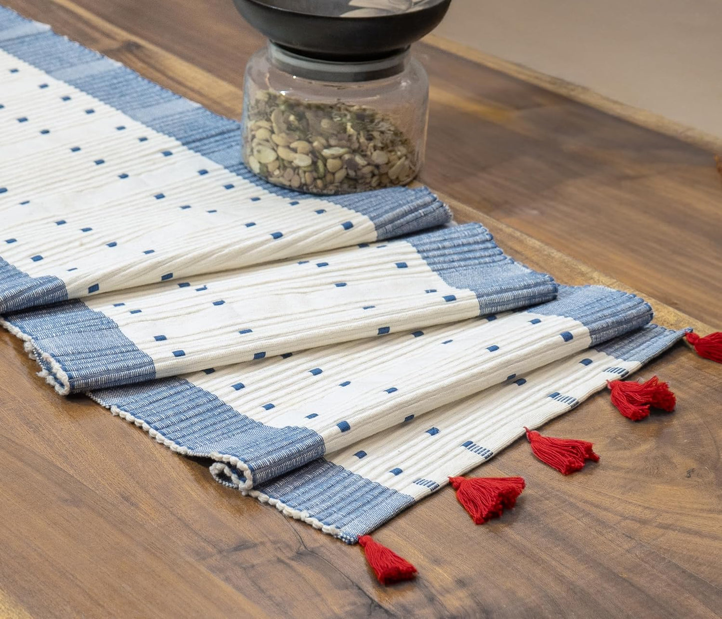 Boho Ribbed Cotton Table Runner, Thick Weave with Bright Tassels, 76x15 inch 6 Seater | Dining Decor, Kitchen Linen