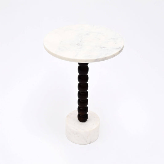 Marble & Wood Beaded Drink Table – Compact Artisanal Accent