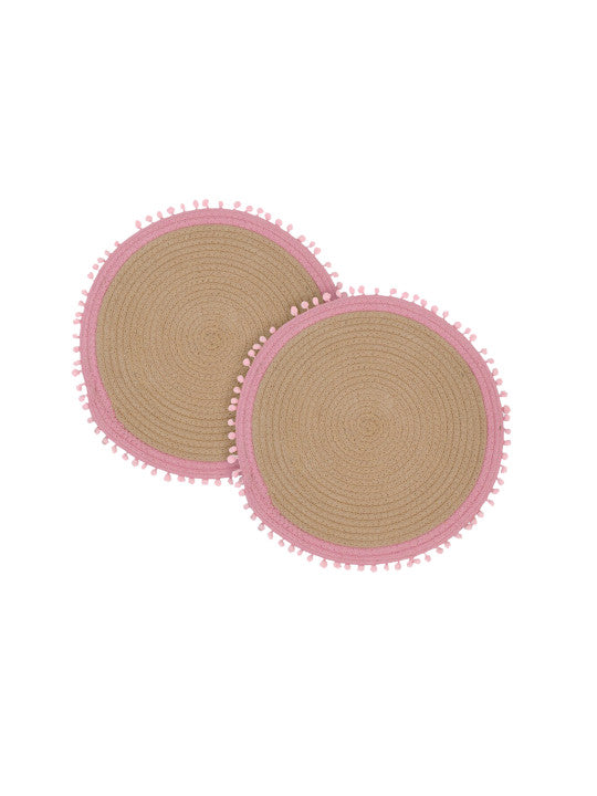 Set of 2 - Textured Dining Mats – Table Accessories – Cotton Weave, Pom Pom Accent