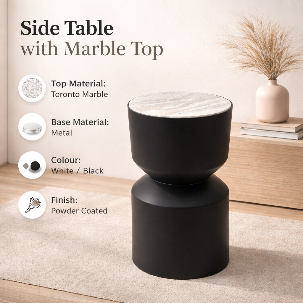 Modern Toronto Marble Drum Side Table with Black Iron Base