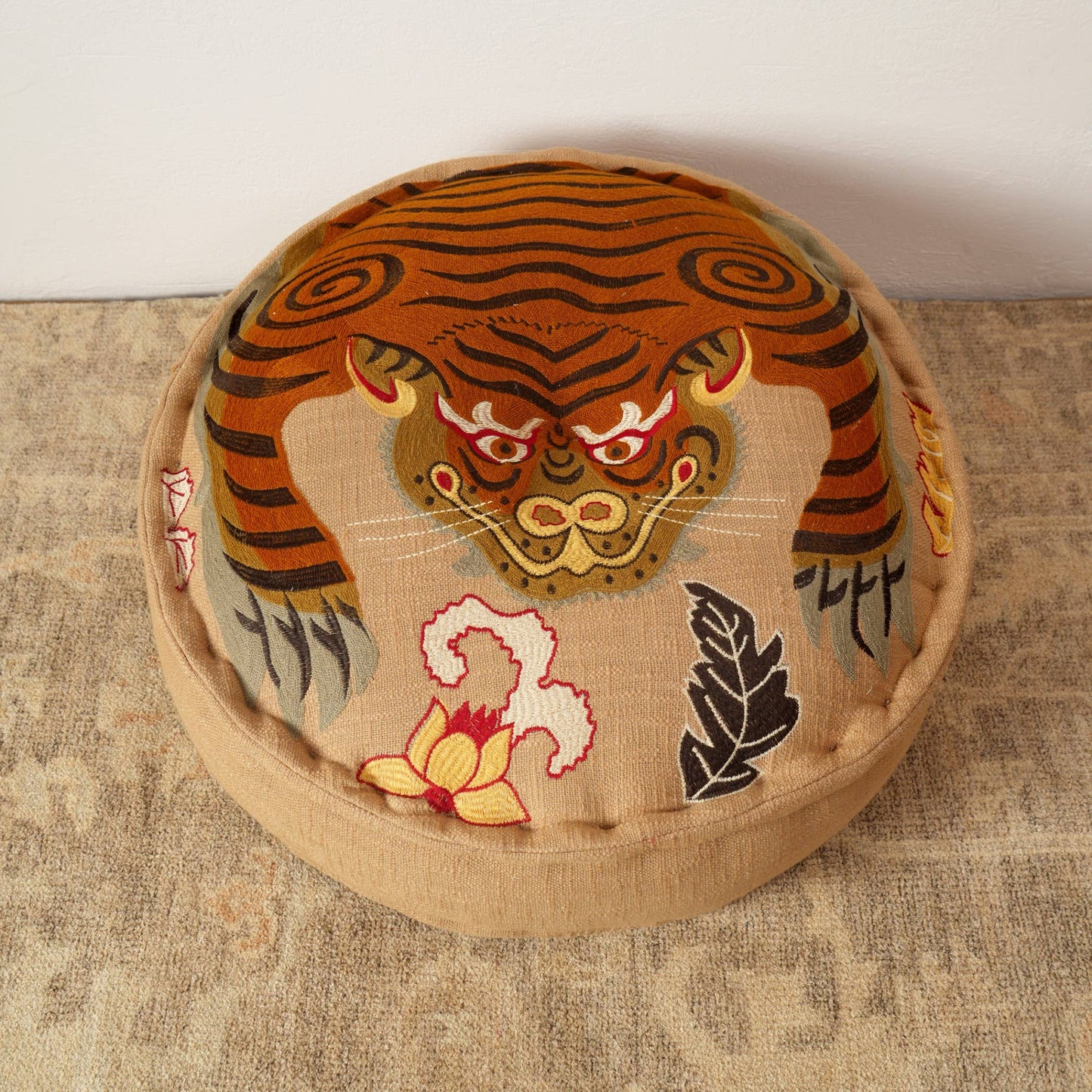 Boho Embroidered Cotton Floor Pouf – Tiger Design 60×20 cm