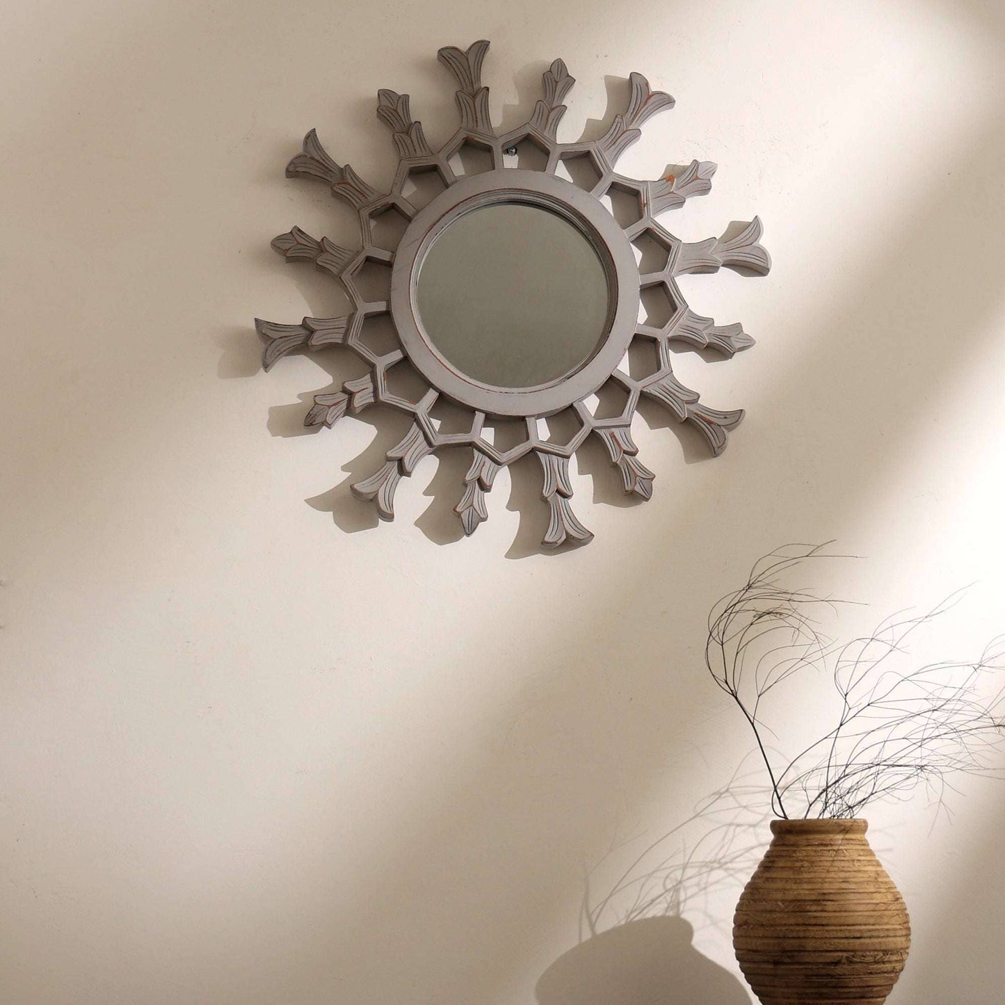 Hand-Carved Metallic Wooden Sunburst Wall Mirror - Decorative Statement Mirror for Living Room, Entryway & Bedroom Decor
