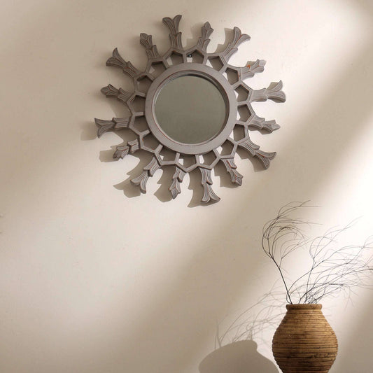 Hand-Carved Metallic Wooden Sunburst Wall Mirror - Decorative Statement Mirror for Living Room, Entryway & Bedroom Decor