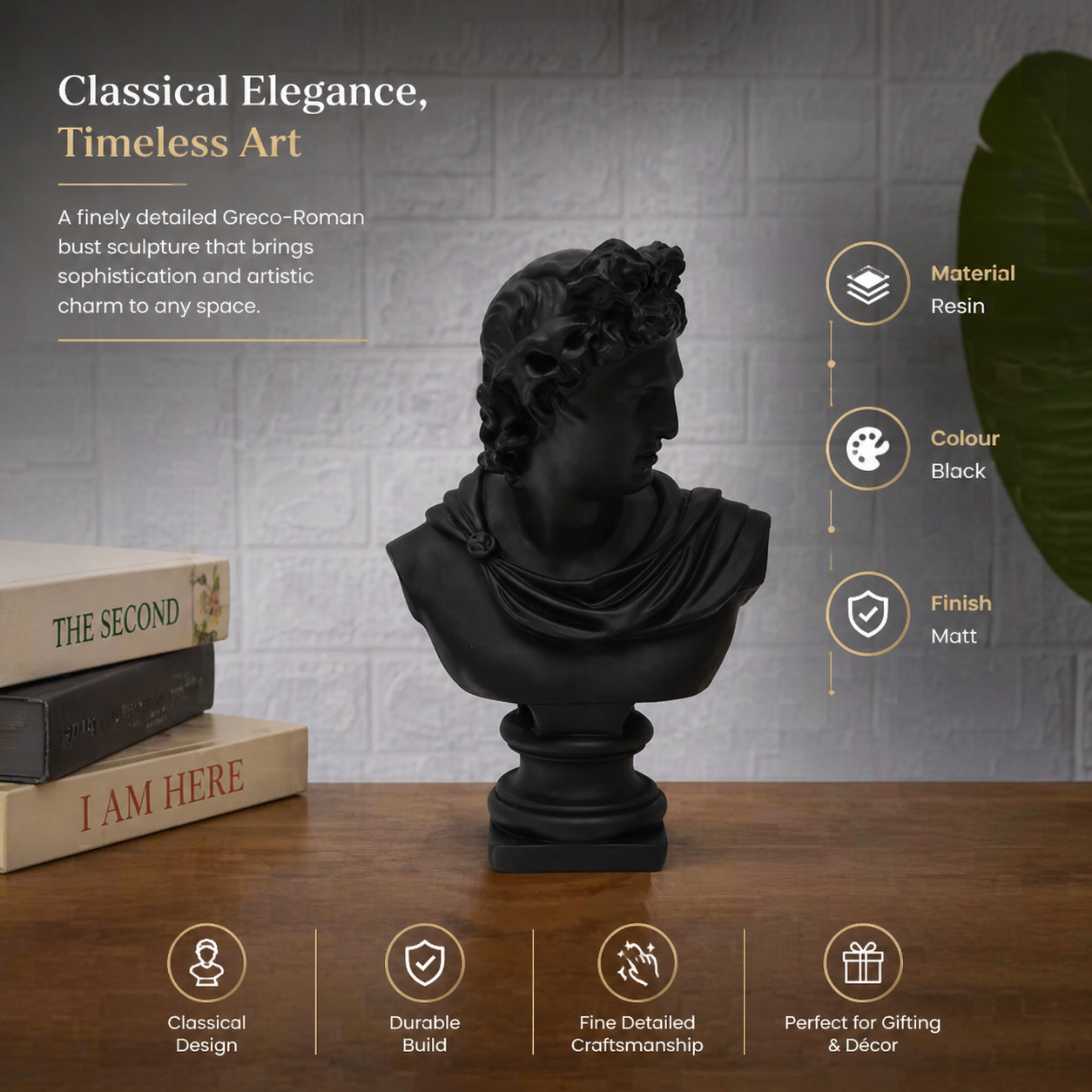 Black Classical Greco-Roman Bust Sculpture in Matte Resin