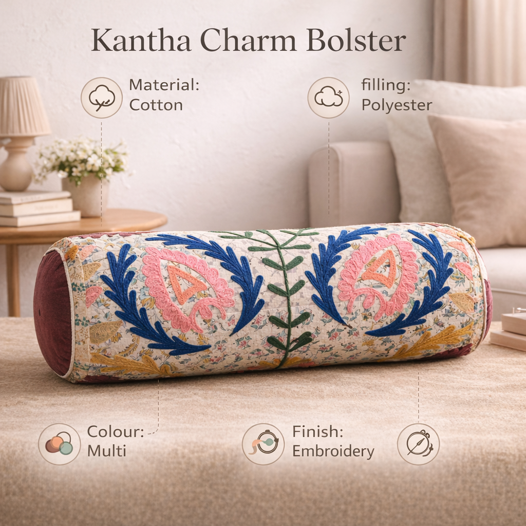Floral Embroidered Cotton Bolster Cushion Multicolor 53 x 20