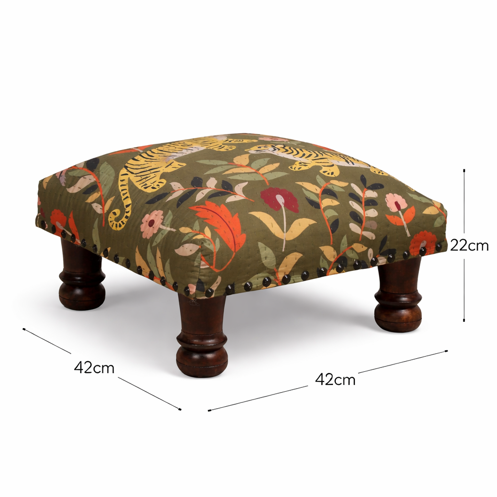 Botanical Tiger Cotton Footstool with Wooden Legs – Green