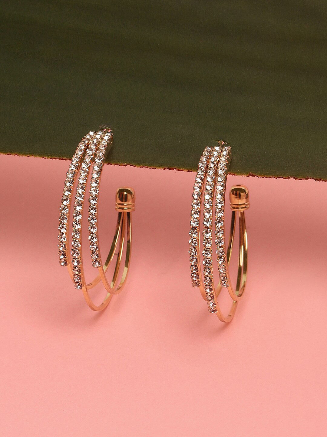 Gold-Plated Contemporary Half Hoop Earrings – Fashion Jewellery – Artificial Stones – 3.5cm Pair