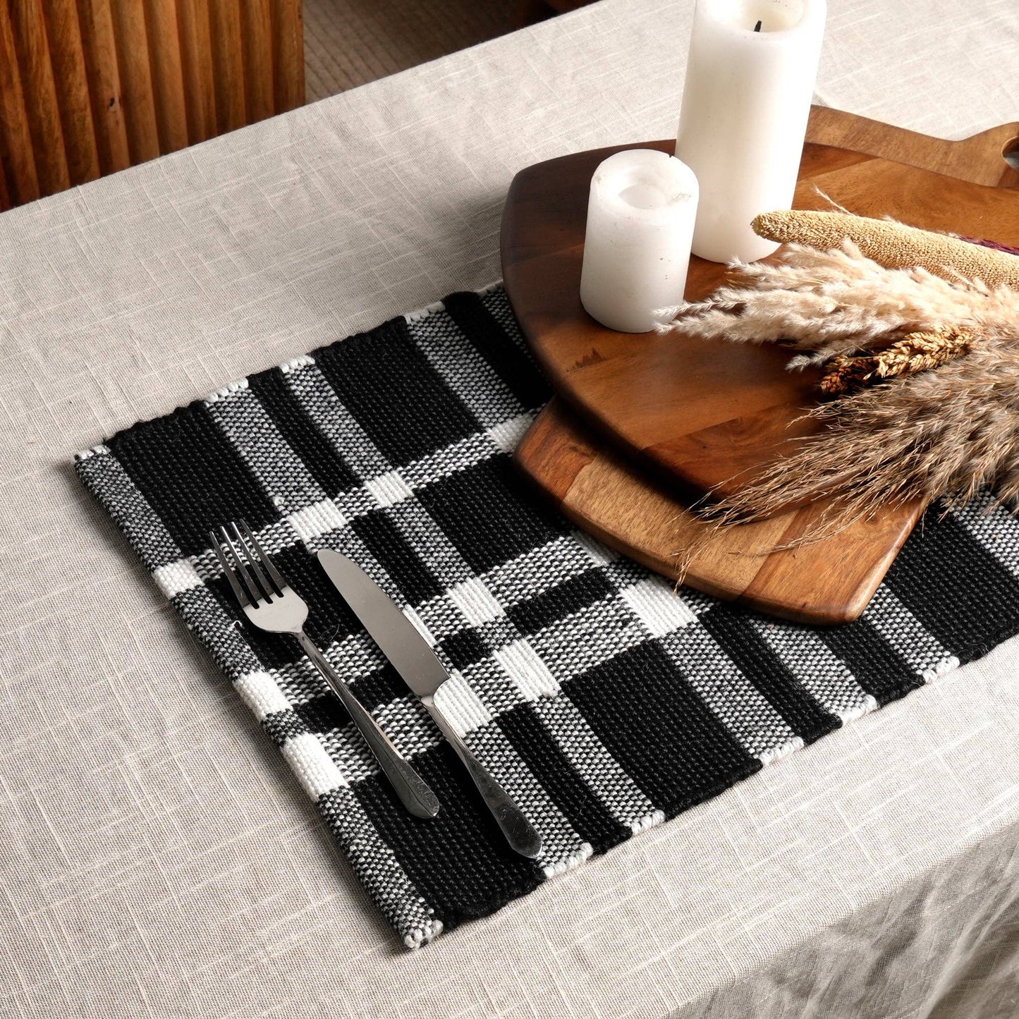 Charcoal Checker Stripe Dining Placemat – Durable Polyester