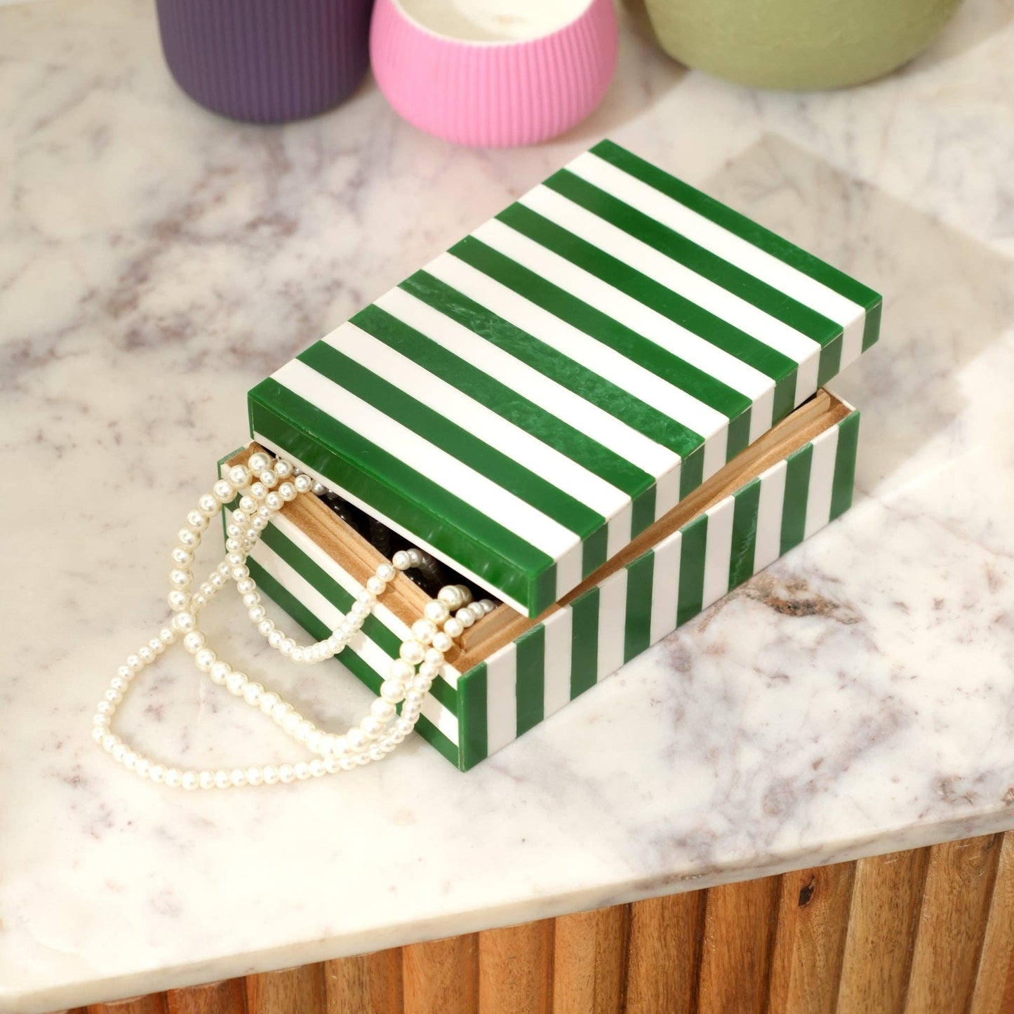 Green Striped Resin Storage Box Modern MDF Decor Organizer