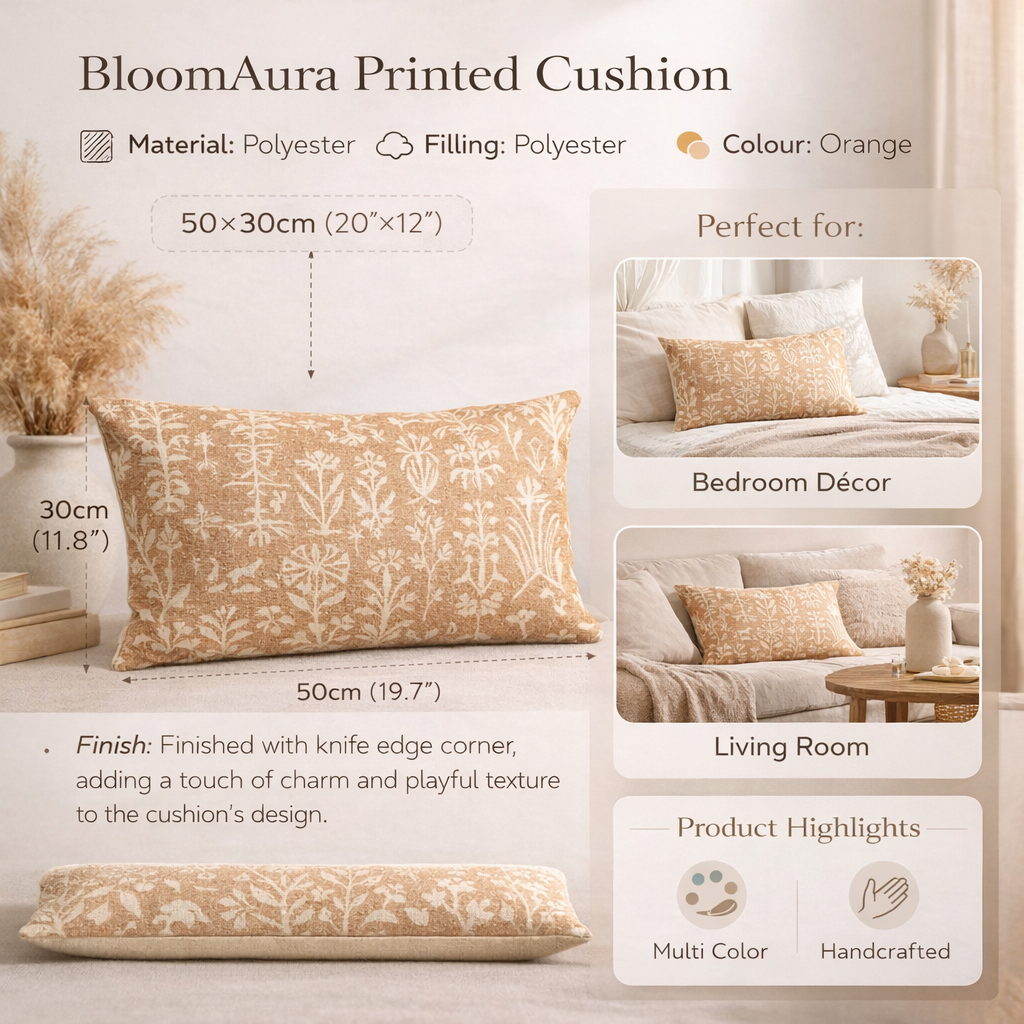 BloomAura Decorative Printed Cushion – 50 × 30 cm