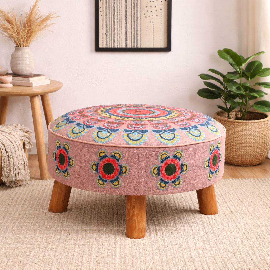 Embroidered Round Cotton Ottoman with Wooden Legs