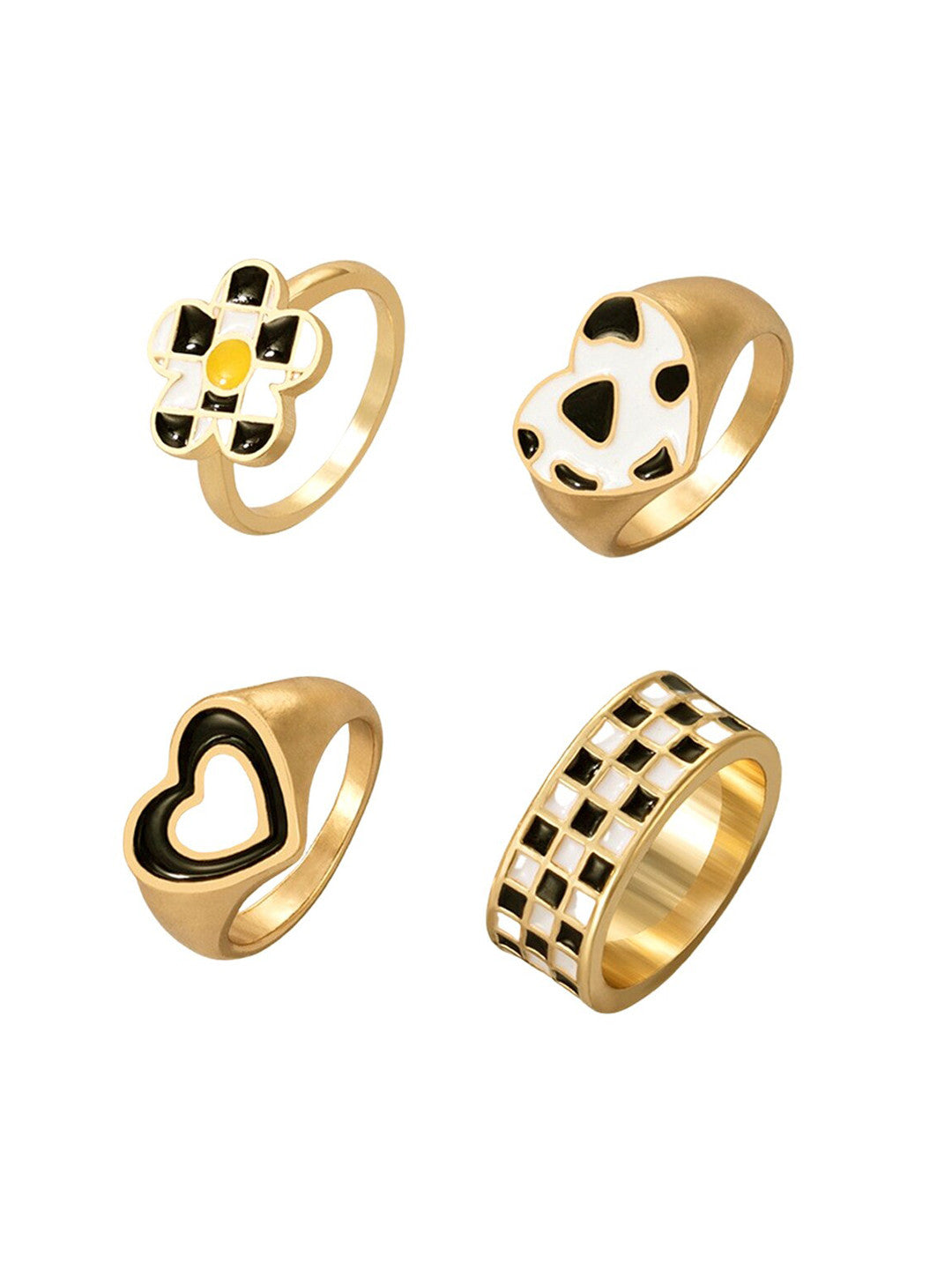Gold-Plated Finger Ring Set – Fashion Rings – Two-Tone Gold & Black – Pack of 4