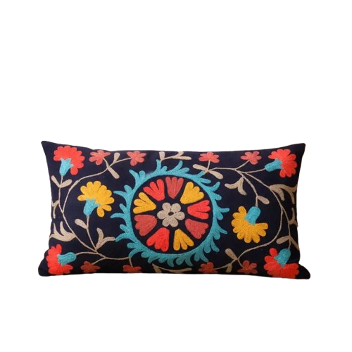 Indigo Aari Embroidered Cotton Lumbar Cushion 35 x 60 cm
