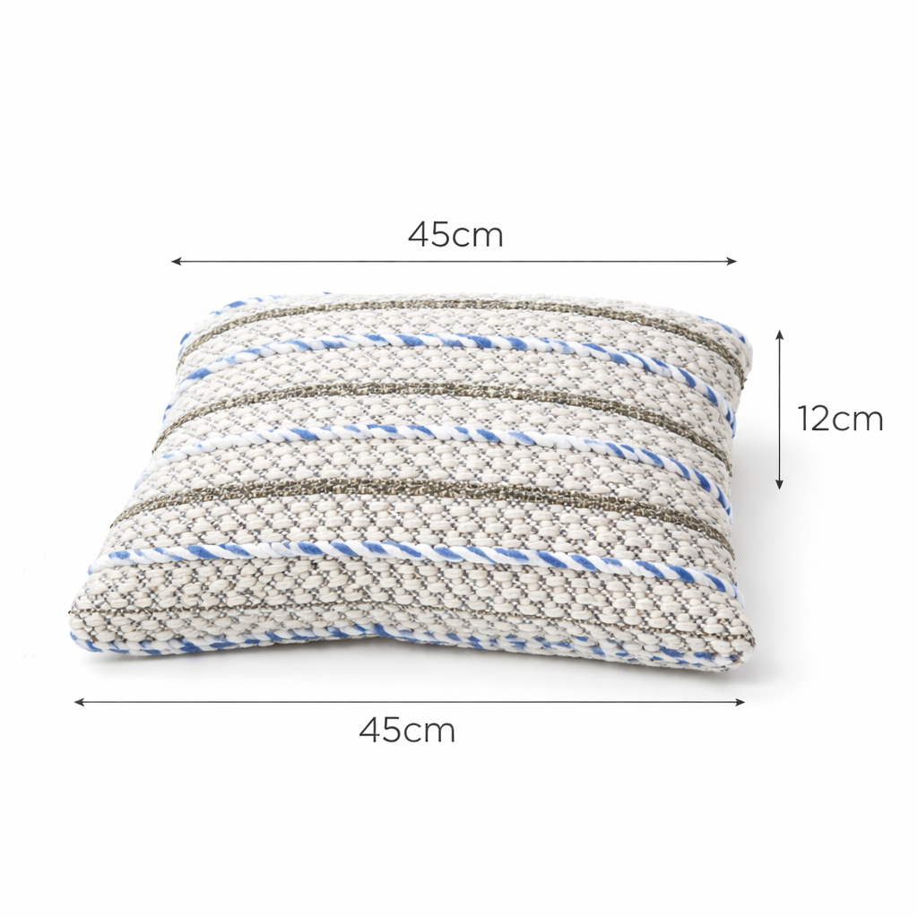 Ivory & Blue Textured Cushion with filler– Handwoven Design