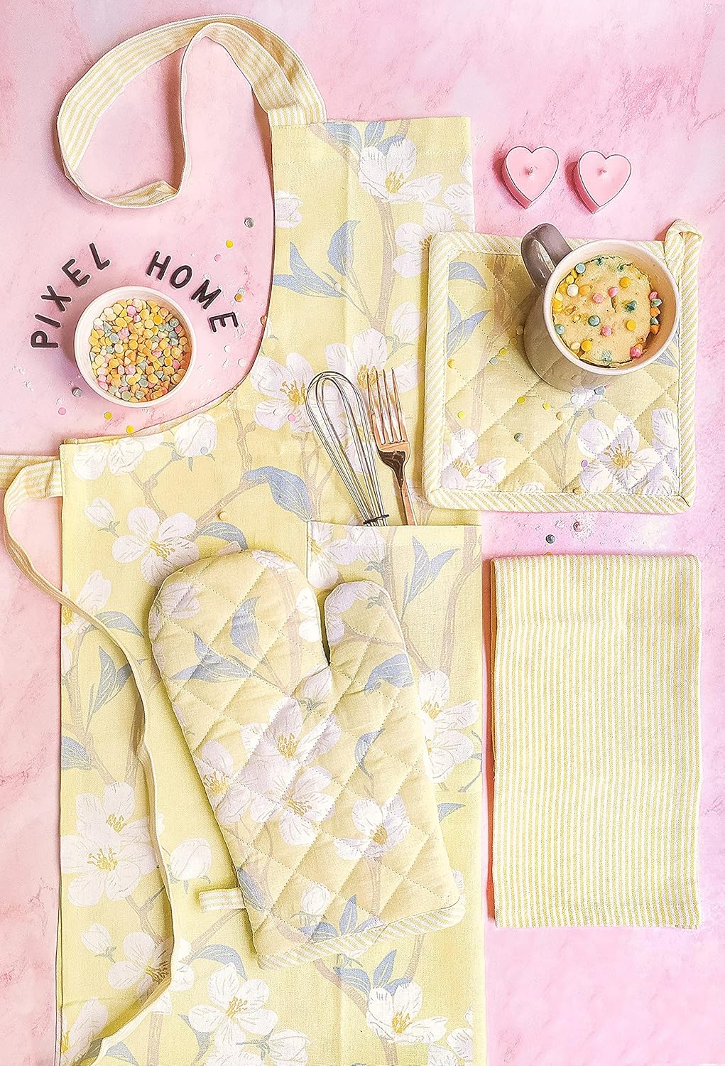 Ensemble tablier imprimé, manique, gant de cuisine et torchon – 100 % coton – Motif fleurs de cerisier – 4 pièces