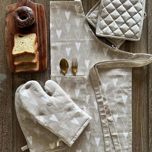 Kitchen Linen Set – Apron, Oven Mitts, Pot Holders – 100% Cotton, Machine Washable – 3-Piece