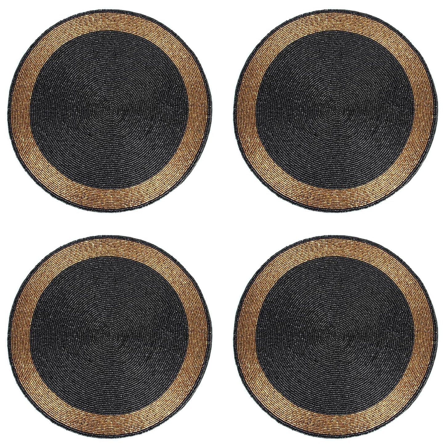 Elegant Black & Gold Beaded Placemats Set of 4 - 14" Round Glass Bead Table Mats | Dining Table Decor & Gift