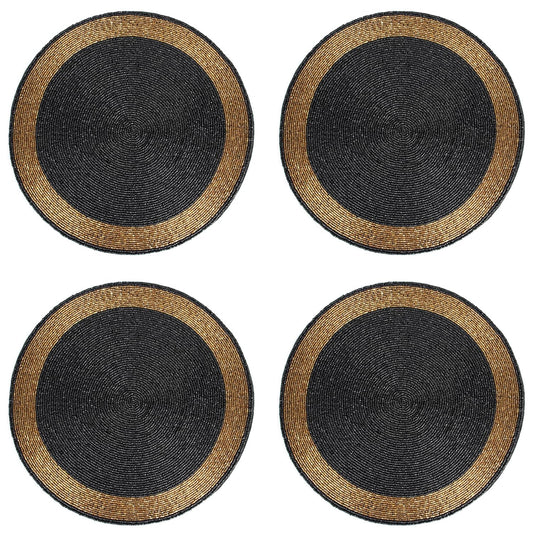 Elegant Black & Gold Beaded Placemats Set of 4 - 14" Round Glass Bead Table Mats | Dining Table Decor & Gift