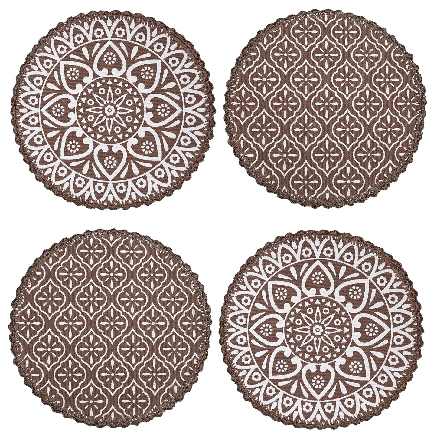 Jute & Cotton Crochet Antiskid Printed Round Table Mats, Set of 4 (38x38cm) | Heat Resistant Placemats for Dining & Home Decor