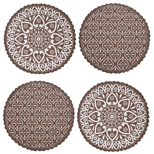 Jute & Cotton Crochet Antiskid Printed Round Table Mats, Set of 4 (38x38cm) | Heat Resistant Placemats for Dining & Home Decor