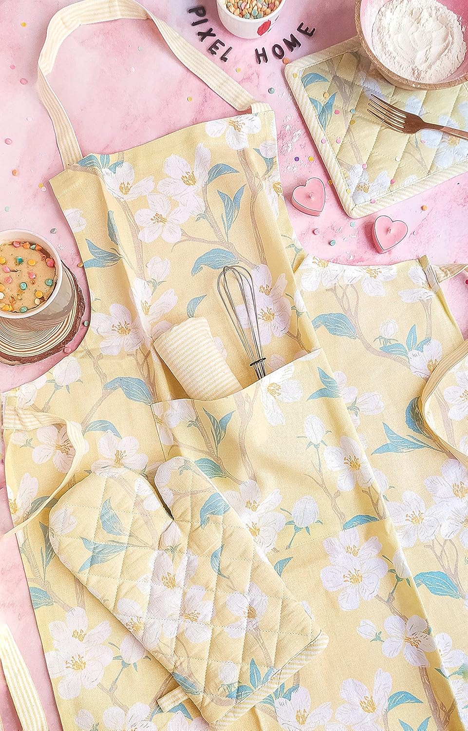 Ensemble tablier imprimé, manique, gant de cuisine et torchon – 100 % coton – Motif fleurs de cerisier – 4 pièces