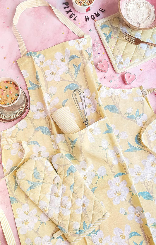 Printed Apron, Oven Mitt, Pot Holder & Kitchen Towel Set – 100% Cotton – Cherry Blossom Print – 4-Piece